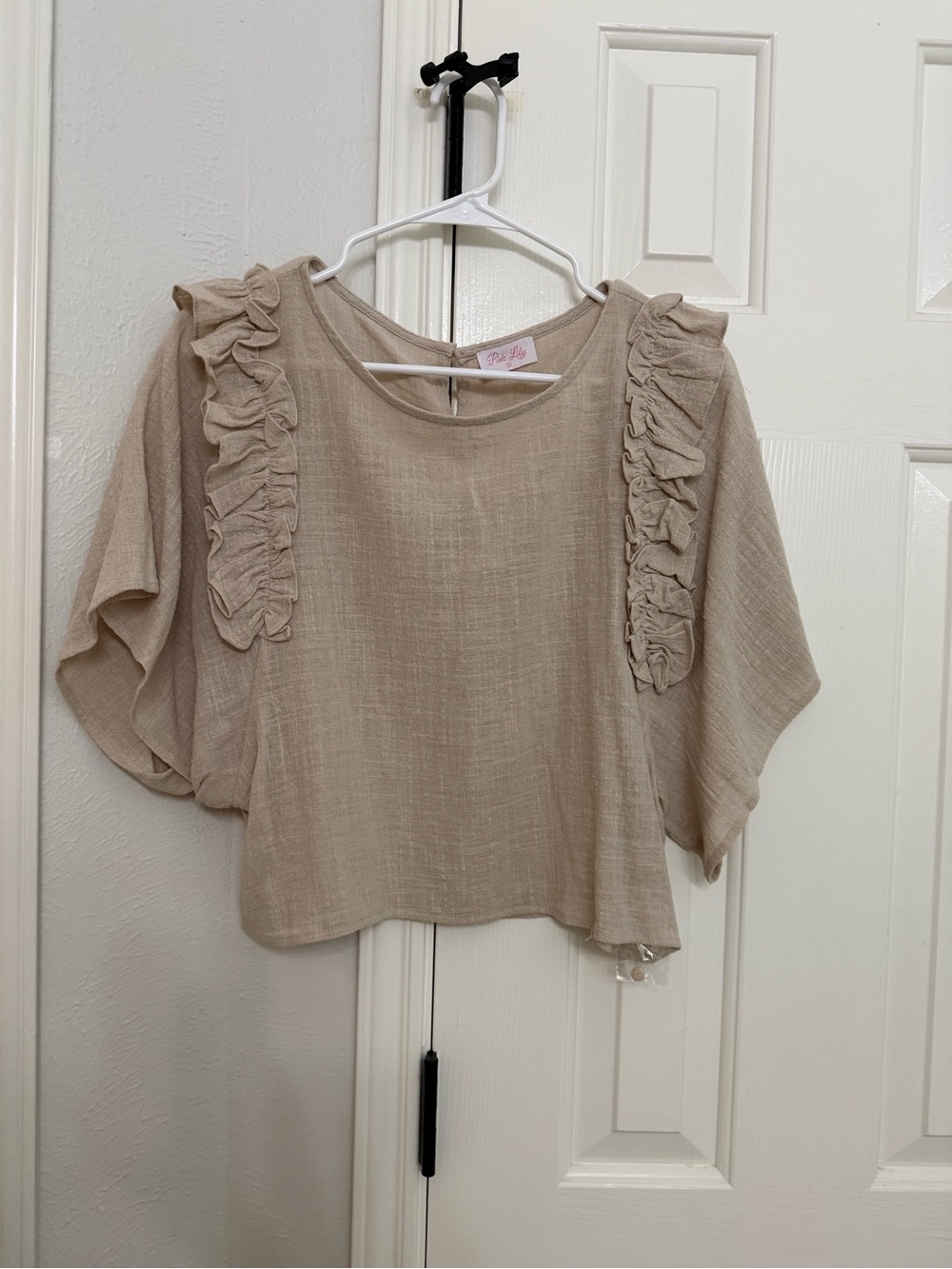 Pink Lily Beige Ruffle Flutter Sleeve Top